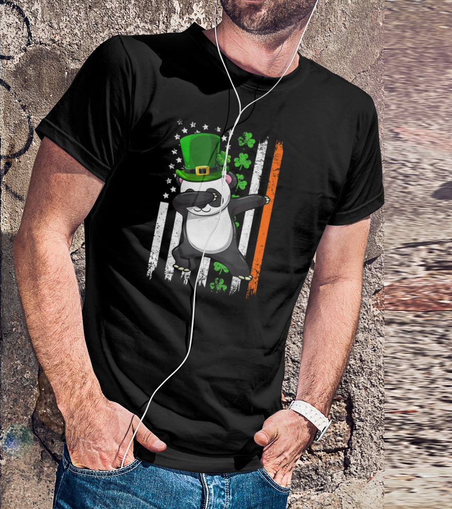 Dabbing Panda Leprechaun Shamrock Green Hat St Patrick's Day Irish Flag T-Shirt