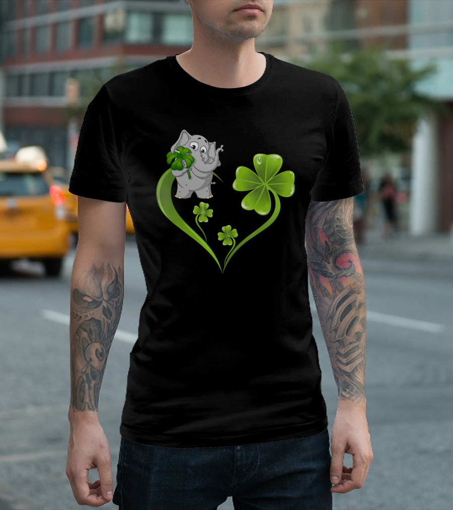 Elephant with Shamrock Heart and Clover Leaves T-Shirt