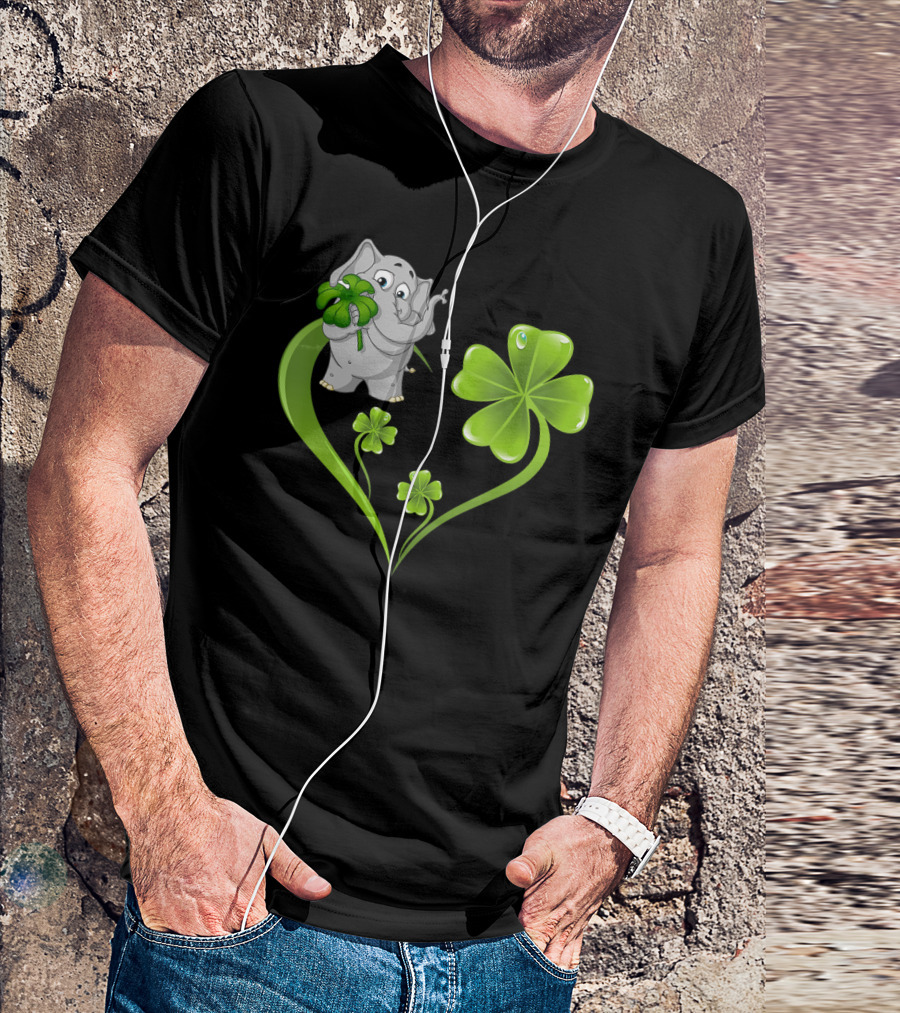 Elephant With Shamrock Heart And Clover Leaves T-Shirt