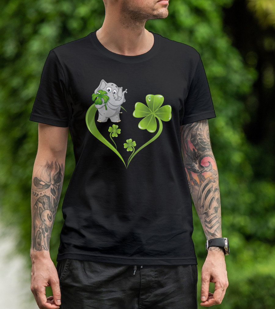 Elephant With Shamrock Heart And Clover Leaves T-Shirt