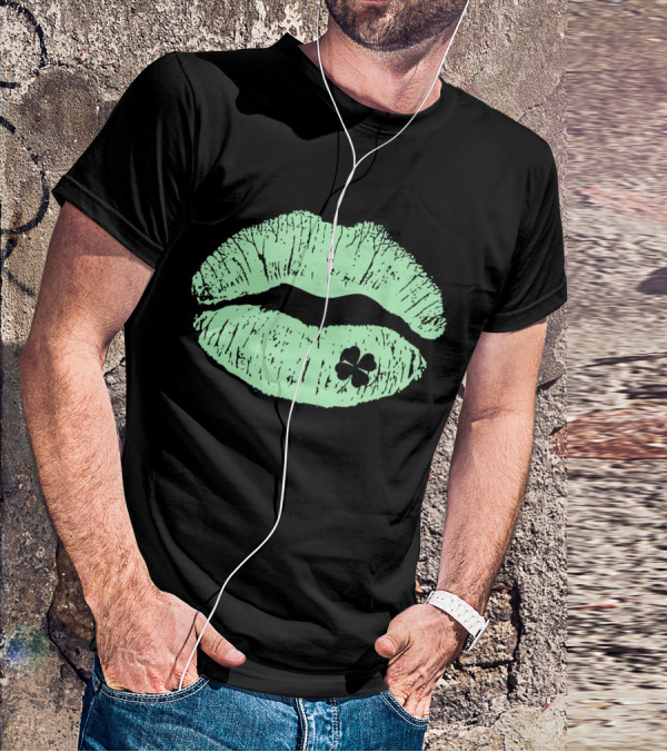 Lips Irish Kiss Clover St Patricks Day Green Shamrock T-Shirt