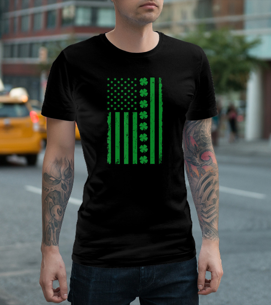 St Patrick Day Green Shamrock Irish American Flag T-Shirt