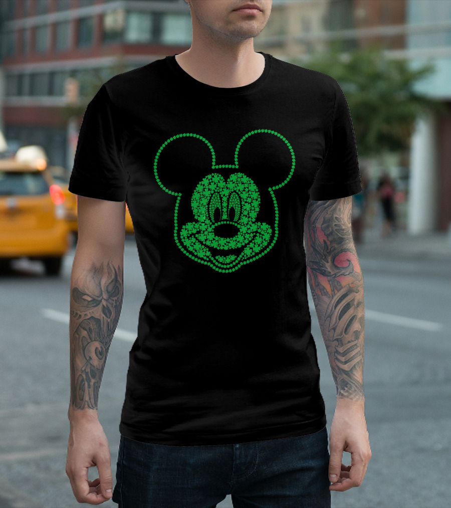 Disney Mickey Mouse St. Patrick's Shamrock Pattern Face T-Shirt