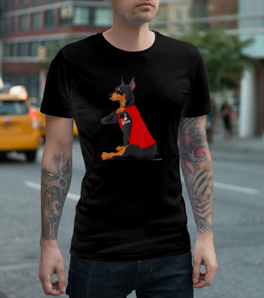 Doberman with Red Shirt and I Love Mom Tattoo T-Shirt
