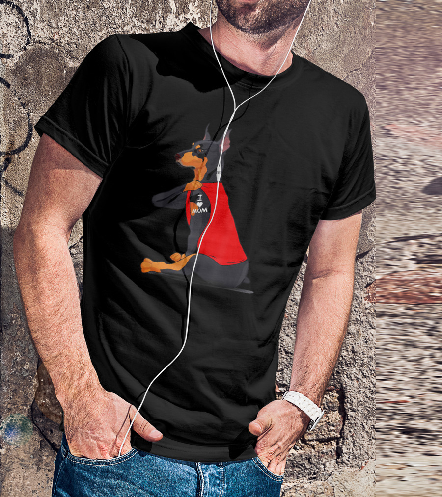 Doberman With Red Shirt And I Love Mom Tattoo T-Shirt