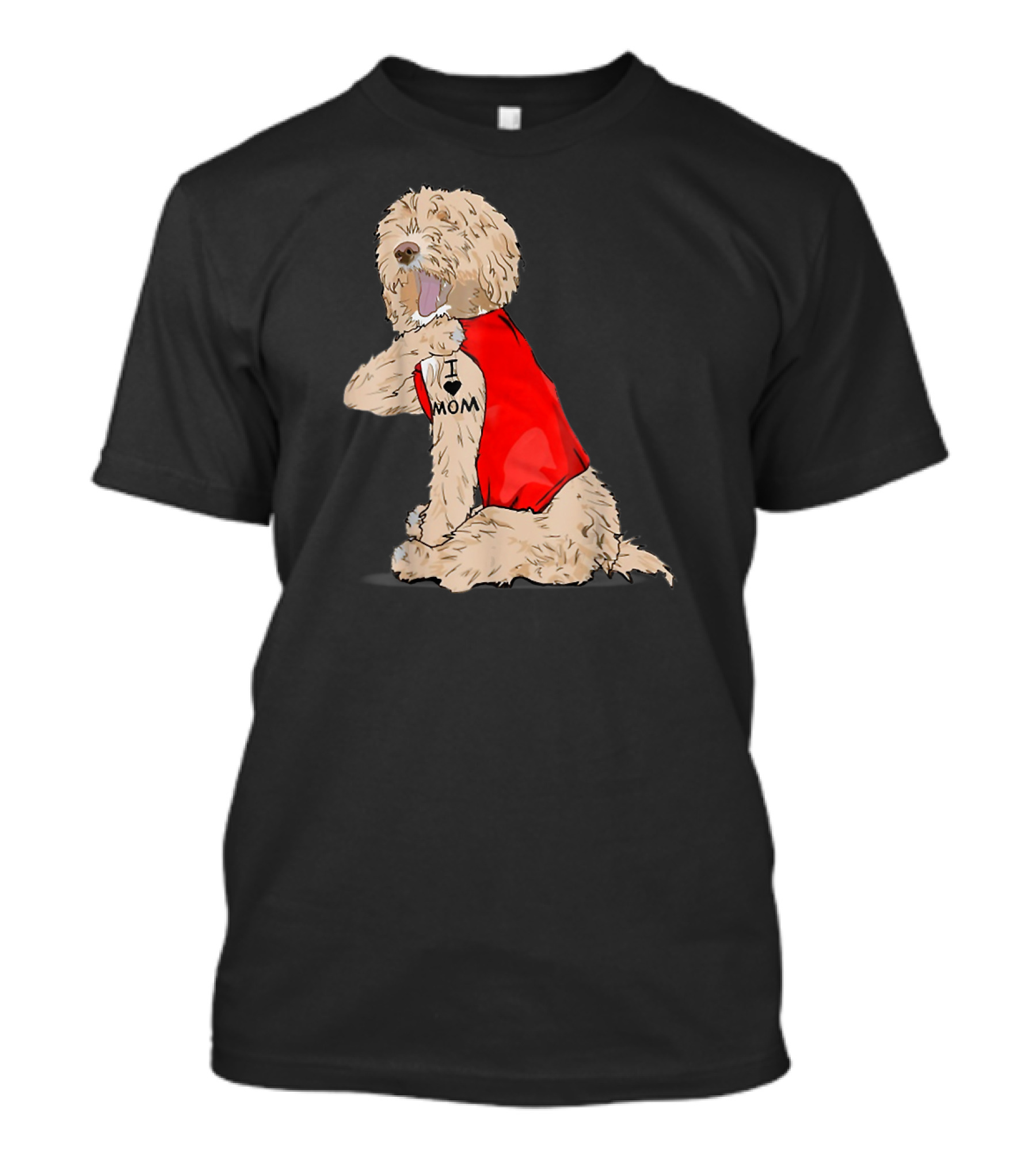 Labradoodle I Love Mom Tattoo Funny Dog In Red Vest Sitting Pose T-Shirt