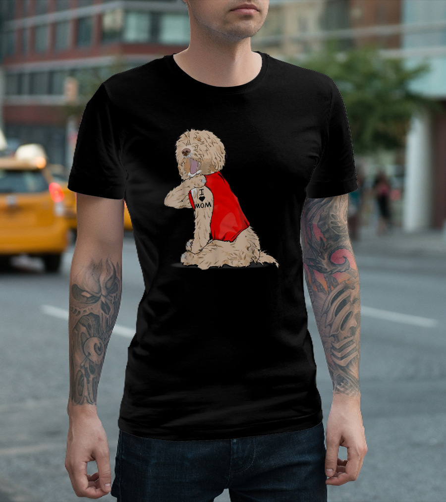 Labradoodle I Love Mom Tattoo Funny Dog in Red Vest Sitting Pose T-Shirt