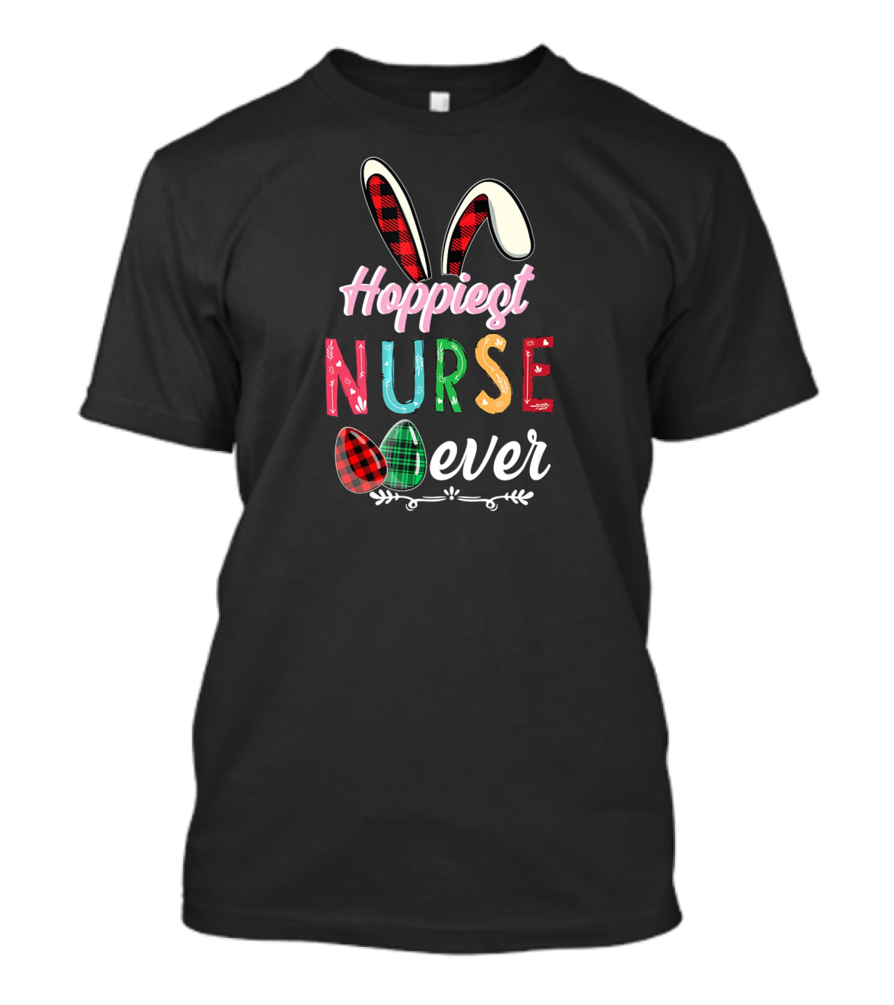 Hoppiest Nurse Ever Easter Pascha Christian Bunny Ears Plaid Eggs T-Shirt