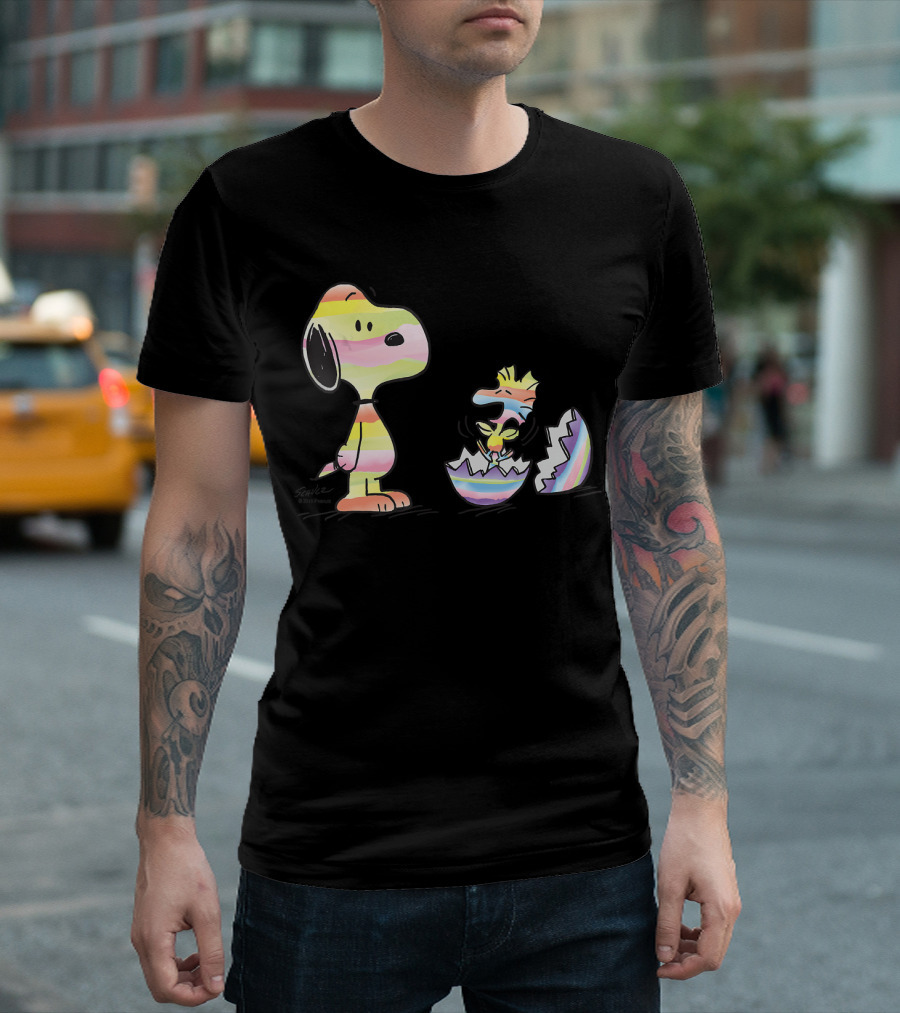 Peanuts Snoopy Woodstock Colorful Easter Egg Stripes T-Shirt