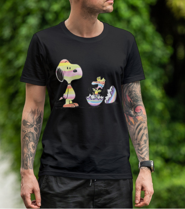 Peanuts Snoopy Woodstock Colorful Easter Egg Stripes T-Shirt
