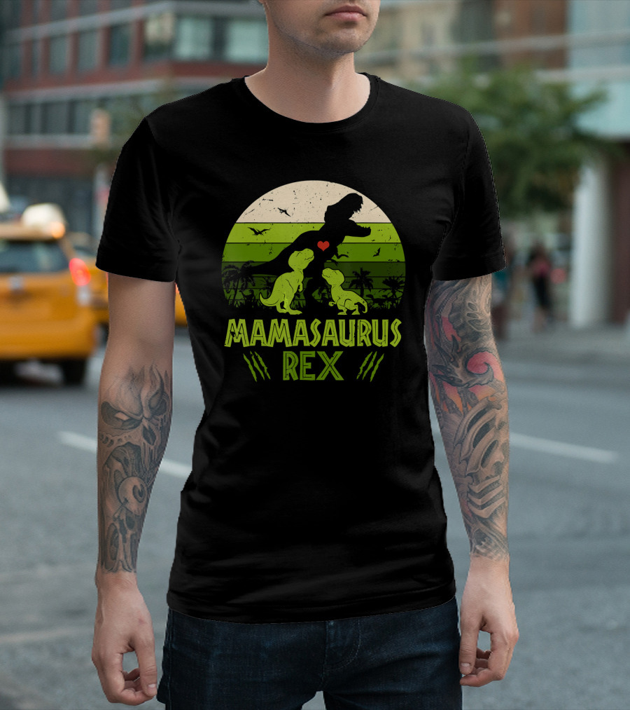Mamasaurus Rex Dinosaur Lover Heart Jungle Scene With Two Kids T-Shirt