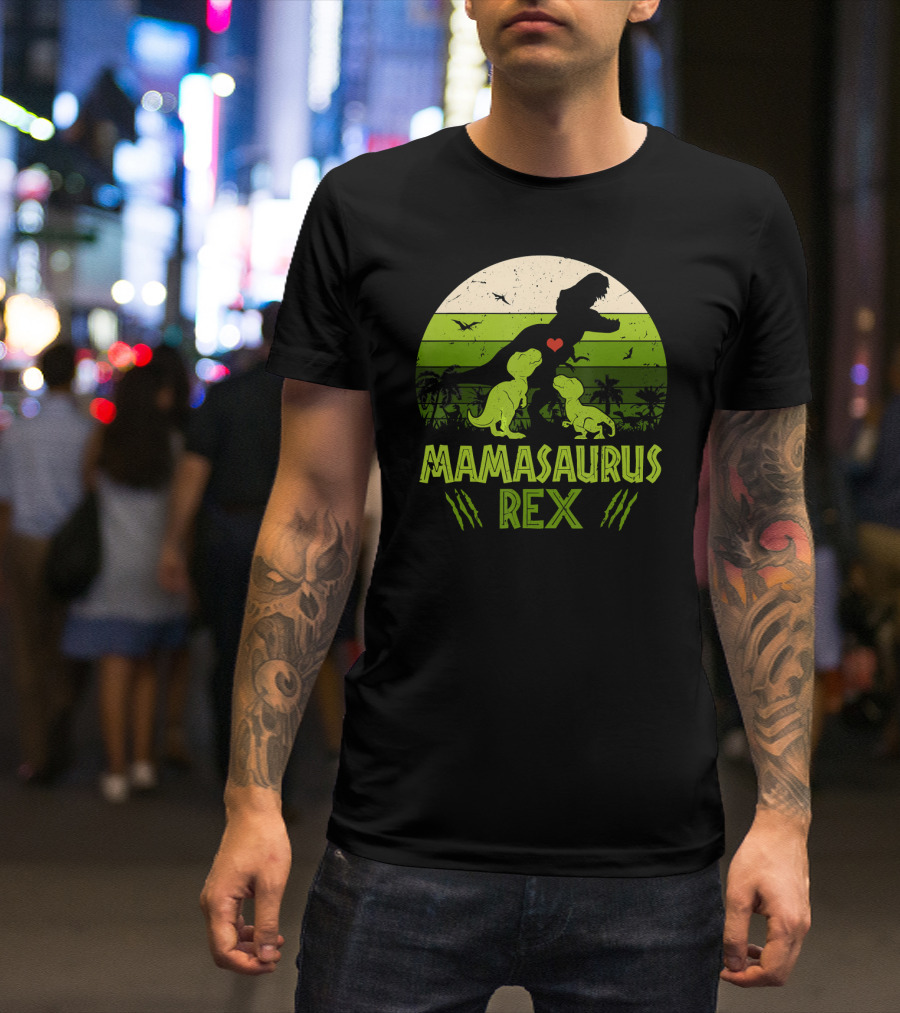 Mamasaurus Rex Dinosaur Lover Heart Jungle Scene With Two Kids T-Shirt
