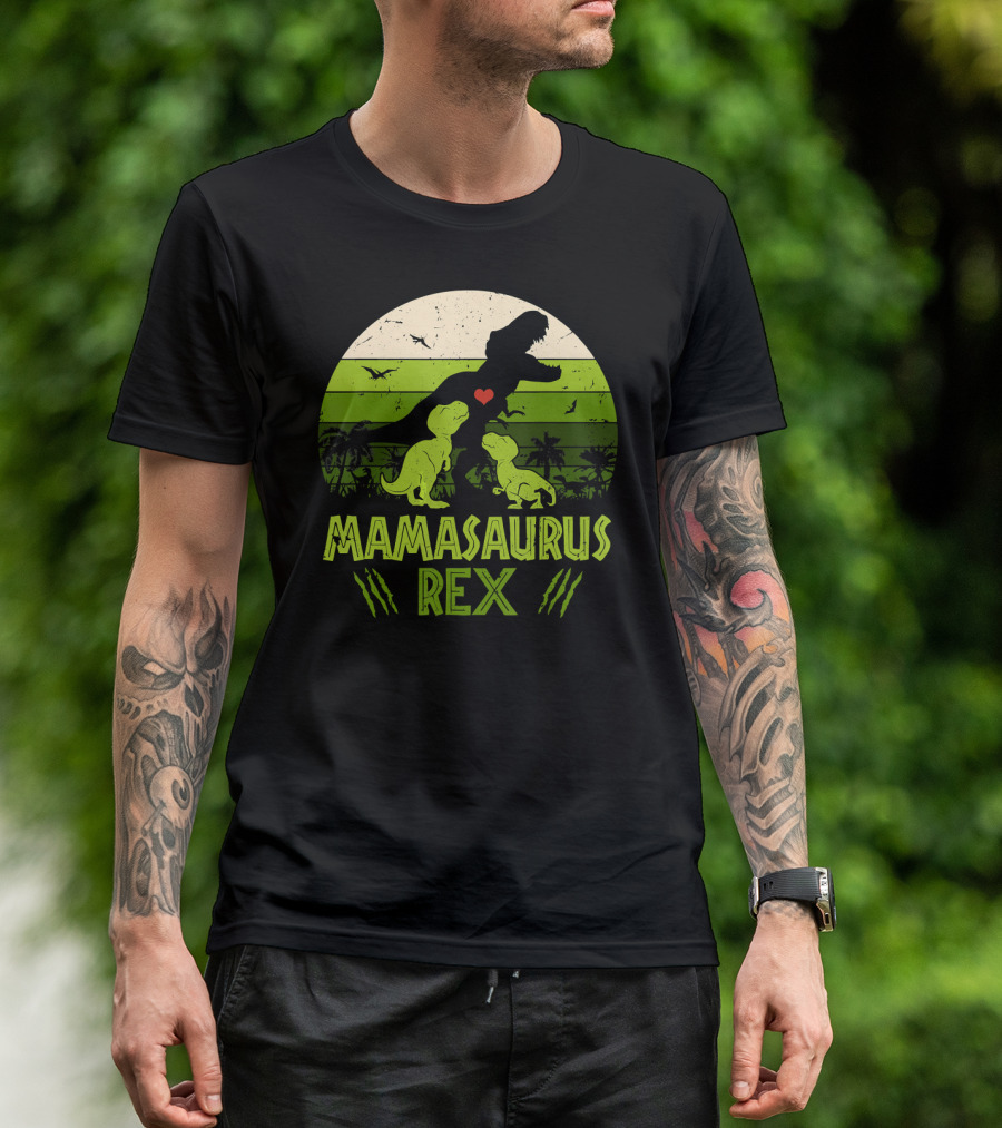 Mamasaurus Rex Dinosaur Lover Heart Jungle Scene With Two Kids T-Shirt