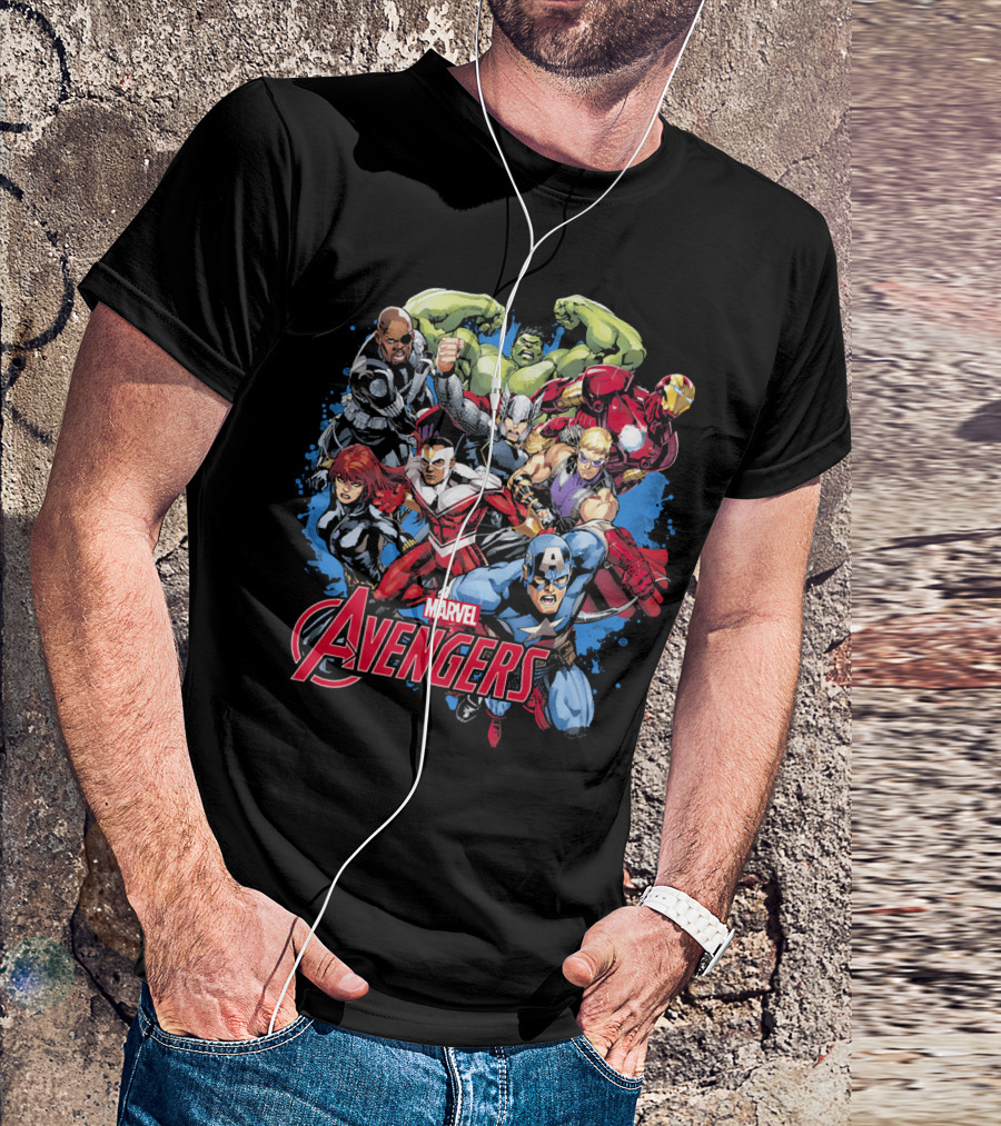 Marvel Avengers Captain Thor Hulk Iron Man Black Widow Comic Assemblage T-Shirt