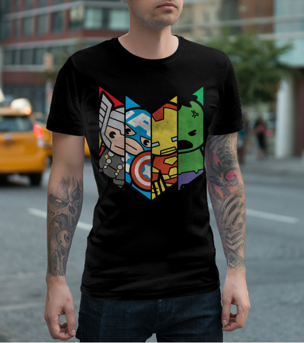 Marvel Avengers Cartoon Thor Captain America Iron Man Hulk Shield T-Shirt