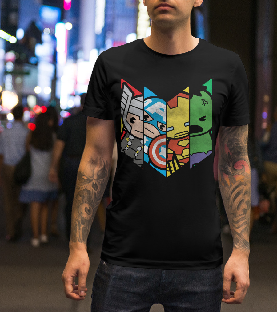 Marvel Avengers Cartoon Thor Captain America Iron Man Hulk Shield T-Shirt