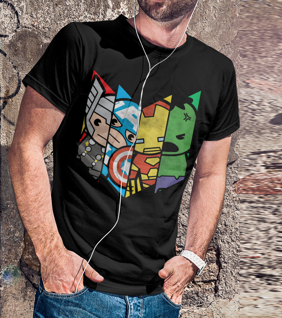 Marvel Avengers Cartoon Thor Captain America Iron Man Hulk Shield T-Shirt
