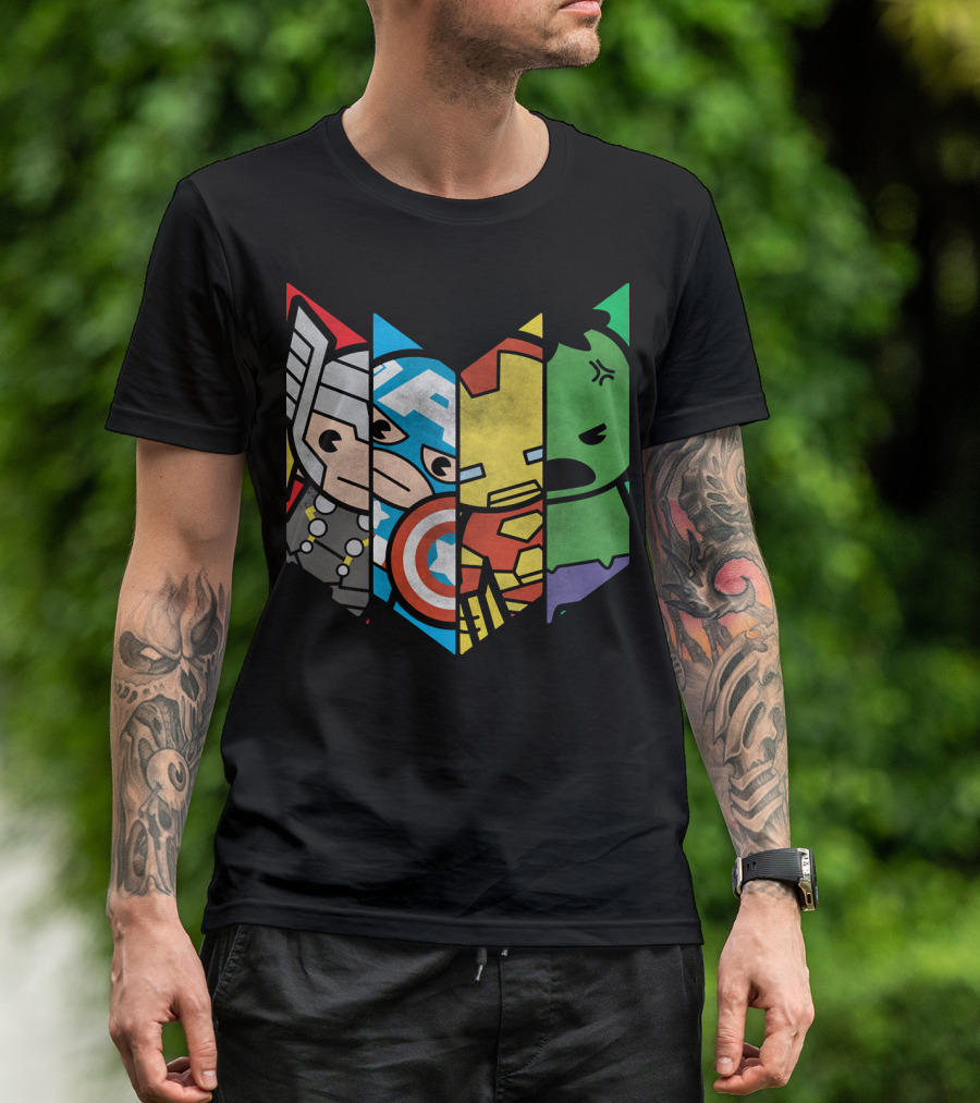Marvel Avengers Cartoon Thor Captain America Iron Man Hulk Shield T-Shirt