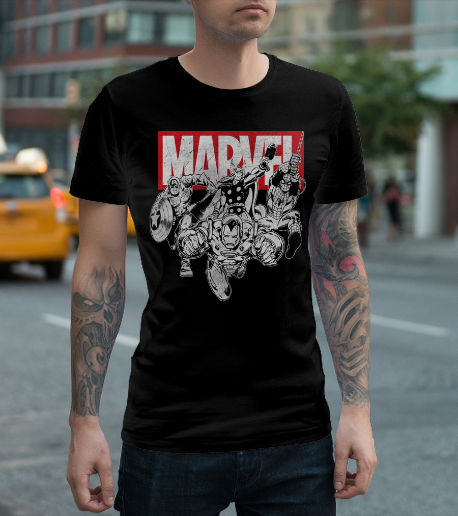 Marvel Avengers Captain America Thor Spider-Man Iron Man Grayscale T-Shirt