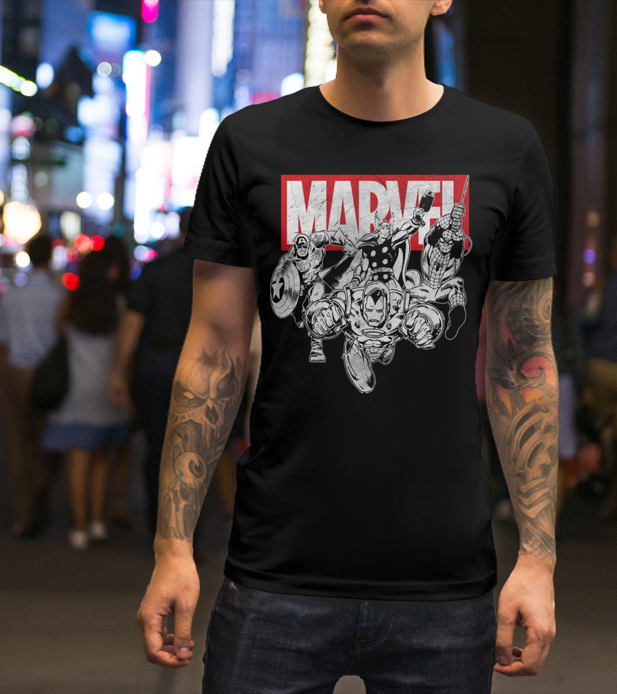 Marvel Avengers Captain America Thor Spider-Man Iron Man Grayscale T-Shirt