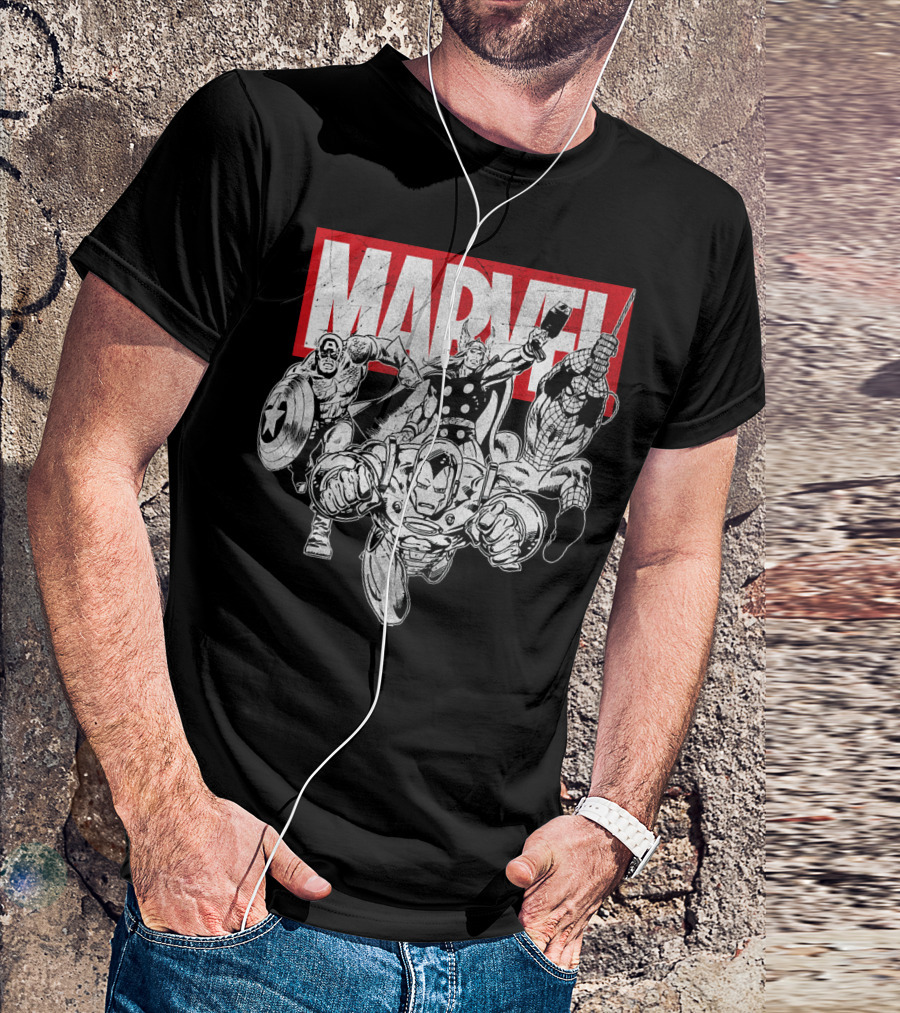 Marvel Avengers Captain America Thor Spider-Man Iron Man Grayscale T-Shirt