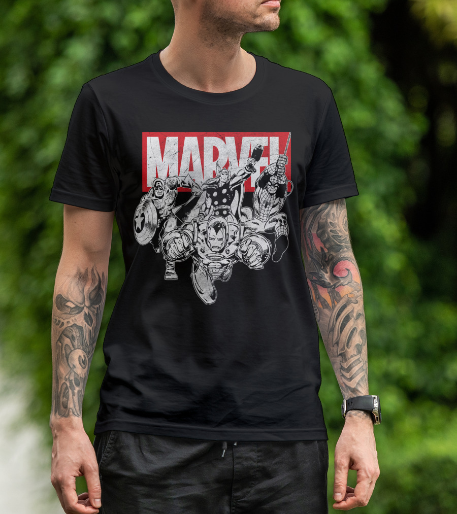 Marvel Avengers Captain America Thor Spider-Man Iron Man Grayscale T-Shirt
