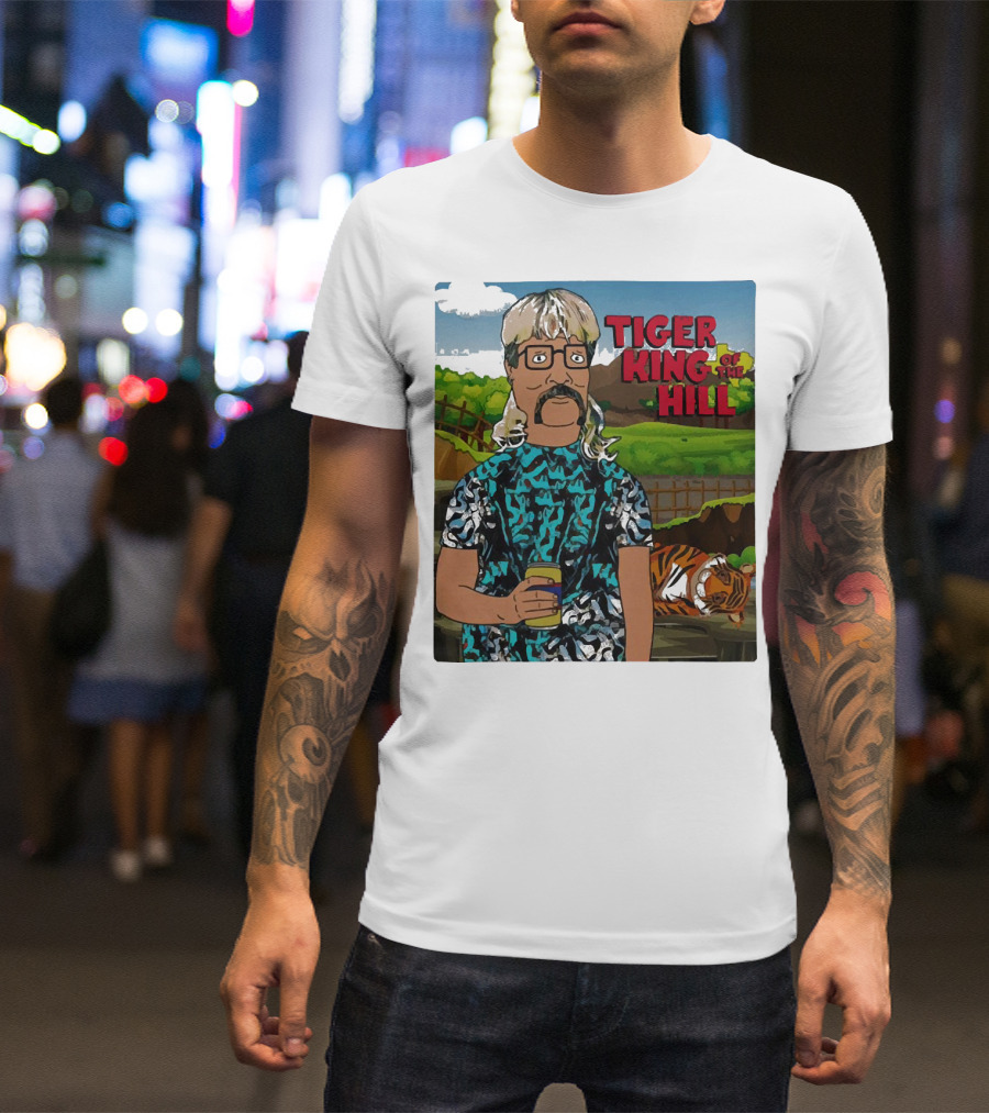 Tiger King Of The Hill In Cartoon Style With Tiger And Guy Holding Drink T-Shirt