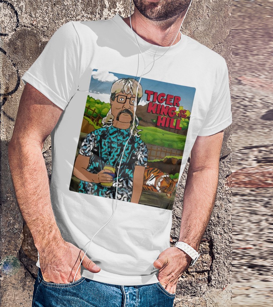 Tiger King Of The Hill In Cartoon Style With Tiger And Guy Holding Drink T-Shirt