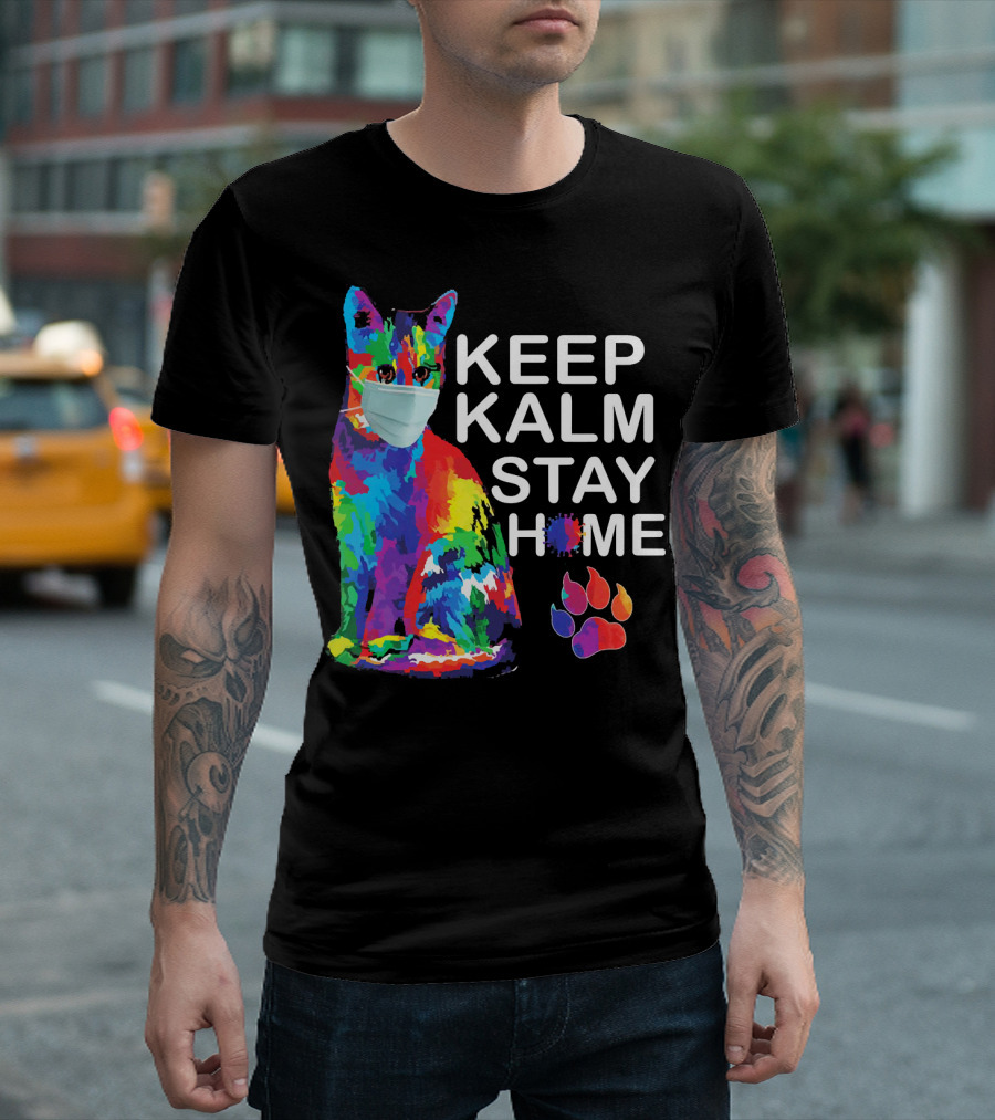 Colorful Masked Cat Keep Kalm Stay Home Ladies T-Shirt