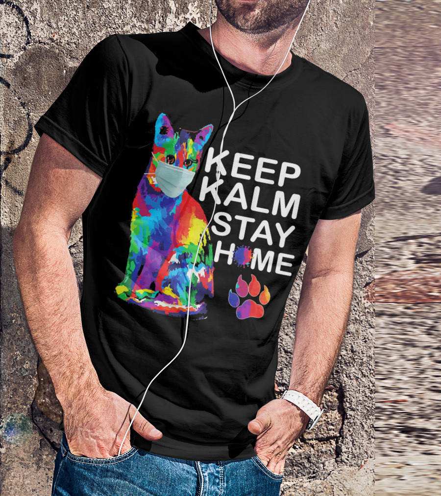 Colorful Masked Cat Keep Kalm Stay Home Ladies T-Shirt