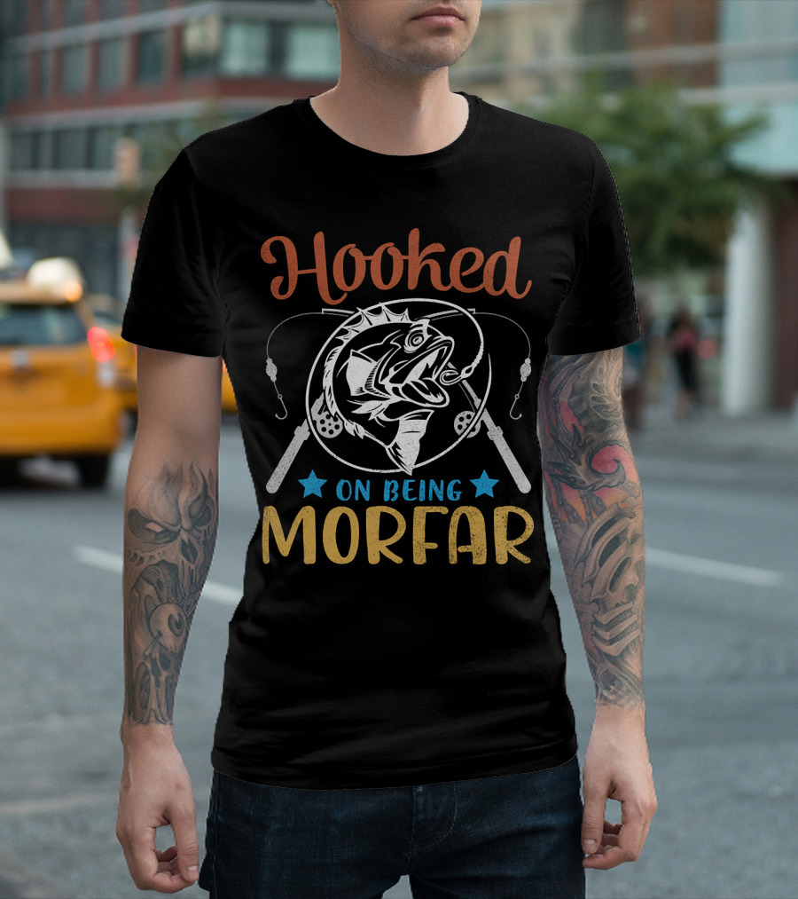 Hooked On Being Morfar Happy Fisher Grandpa 186 Fishing Rods and Stars T-Shirt