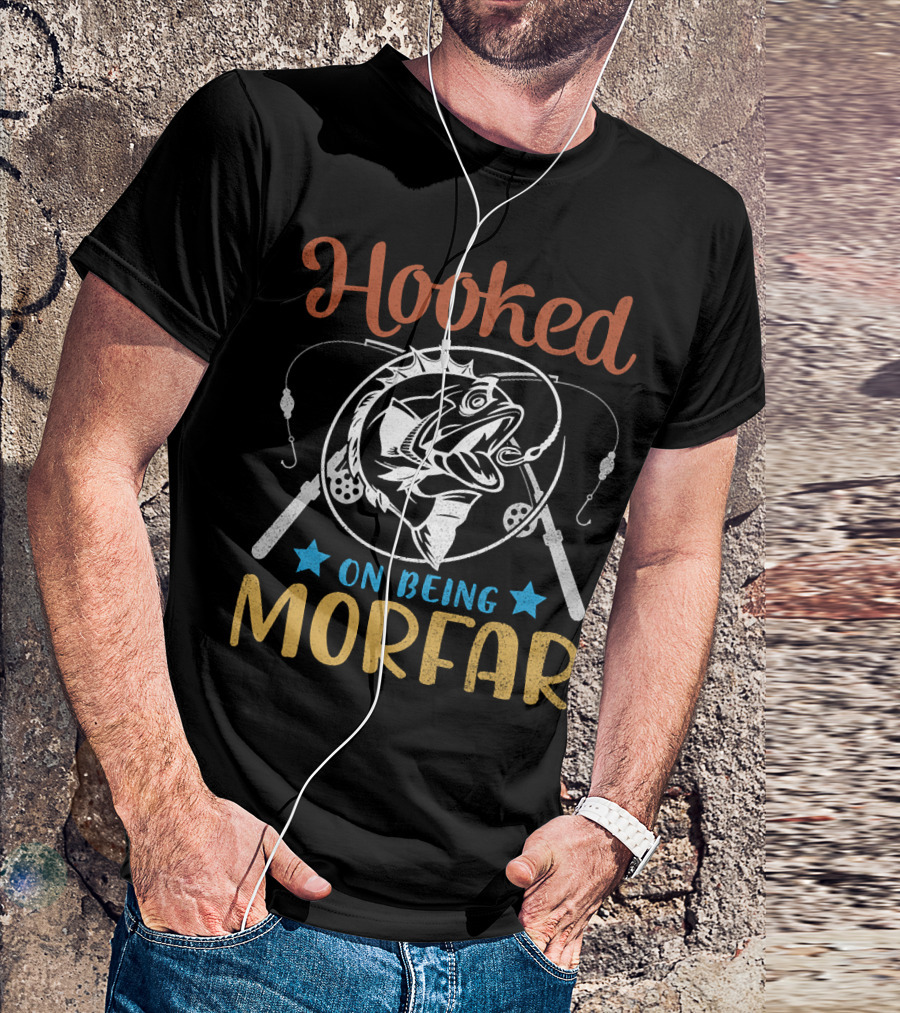 Hooked On Being Morfar Happy Fisher Grandpa 186 Fishing Rods And Stars T-Shirt