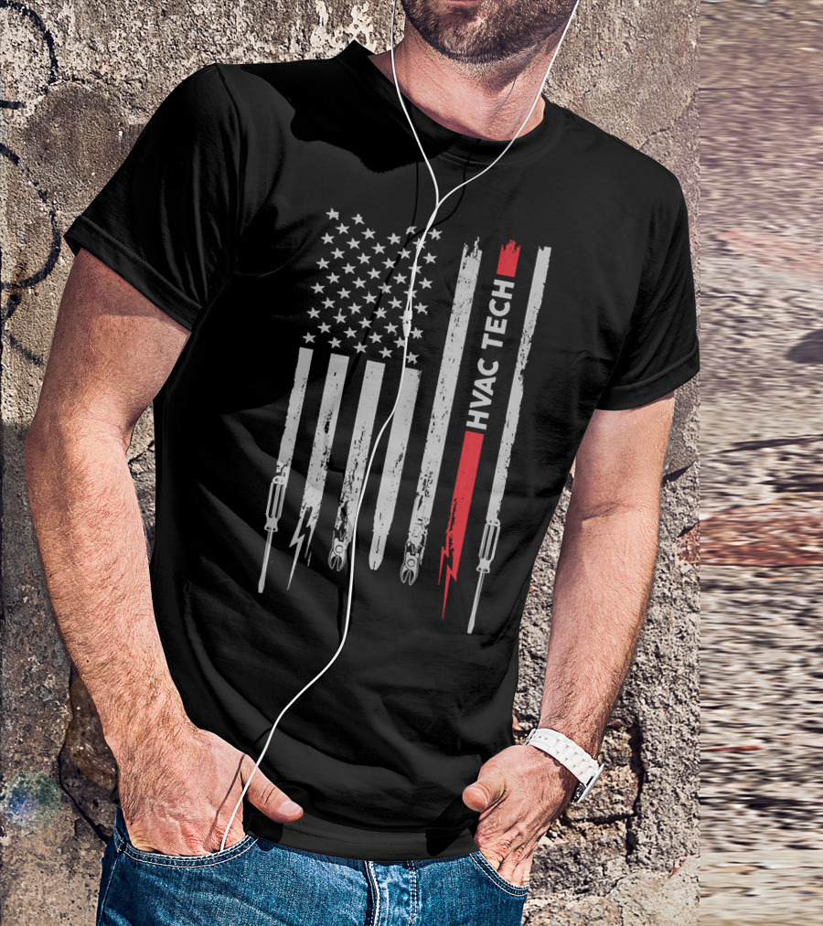 American Flag HVAC Tech Pride With Tools And Lightning 212 T-Shirt