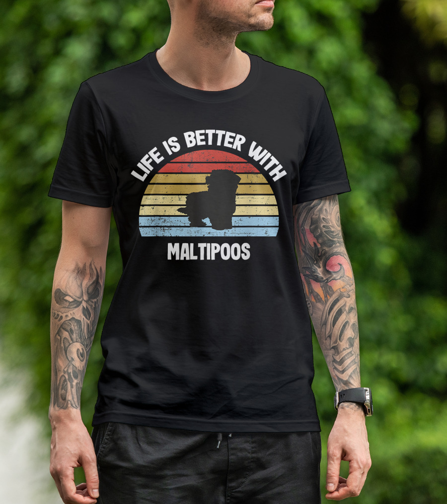 Life Is Better With Maltipoos Retro Silhouette Stripes T-Shirt