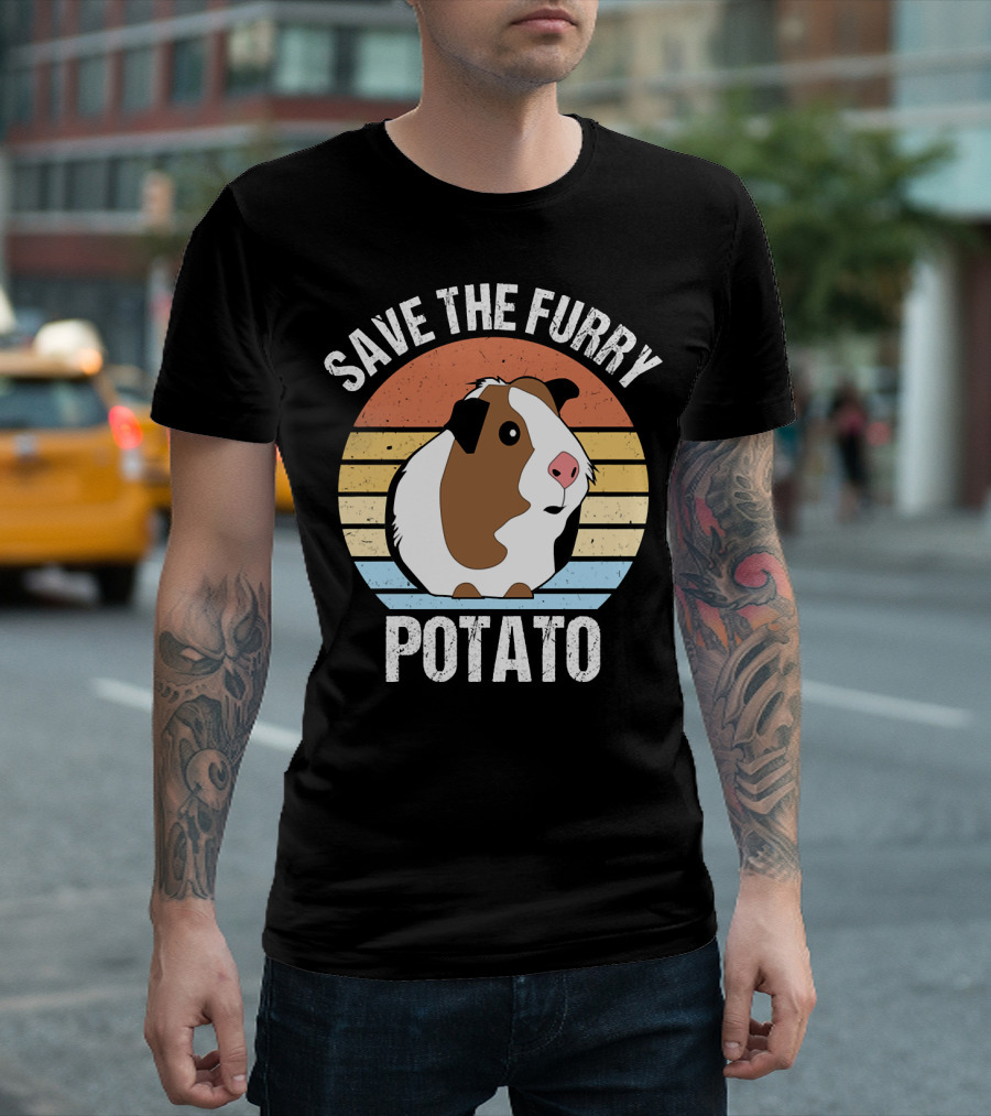 Save The Furry Potato Funny Guinea Pig Retro Sunset 181 T-Shirt