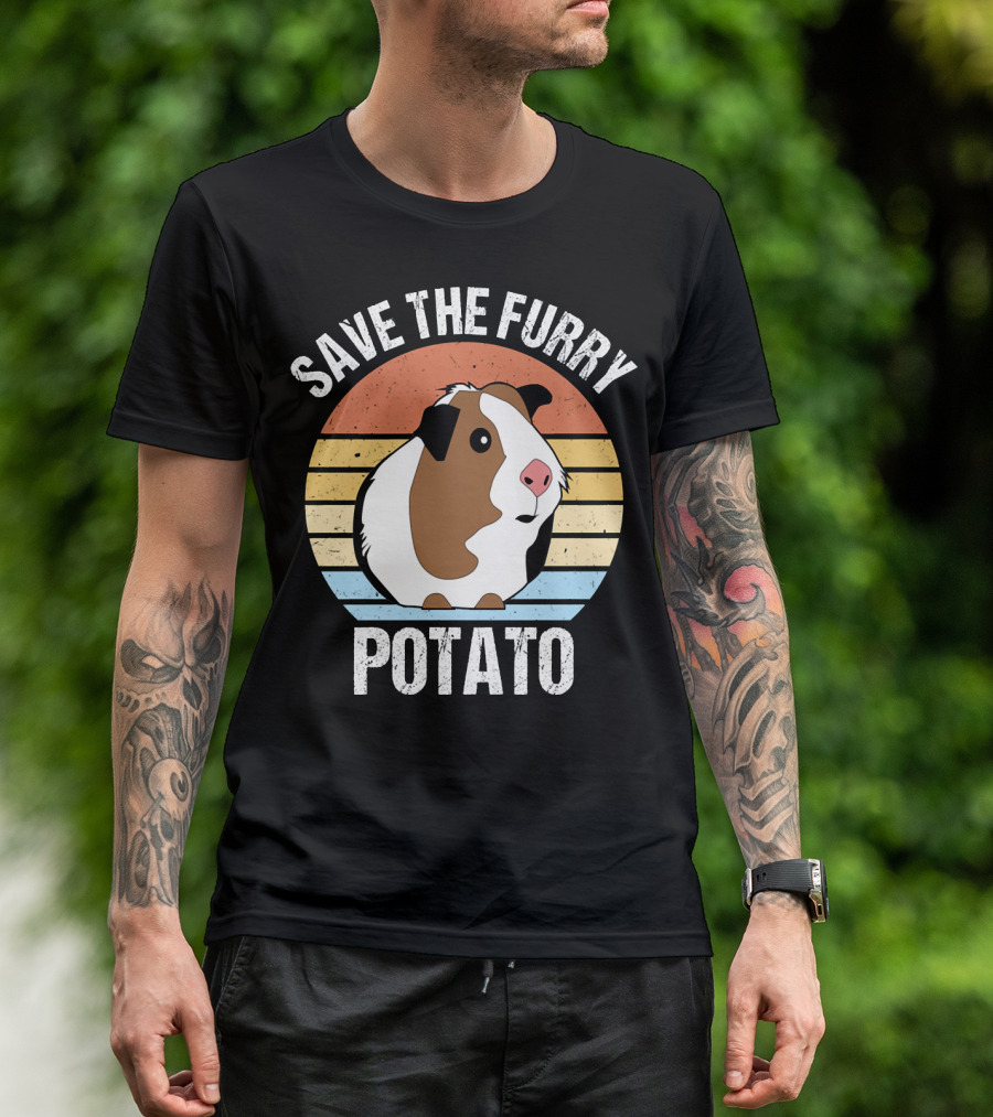 Save The Furry Potato Funny Guinea Pig Retro Sunset 181 T-Shirt