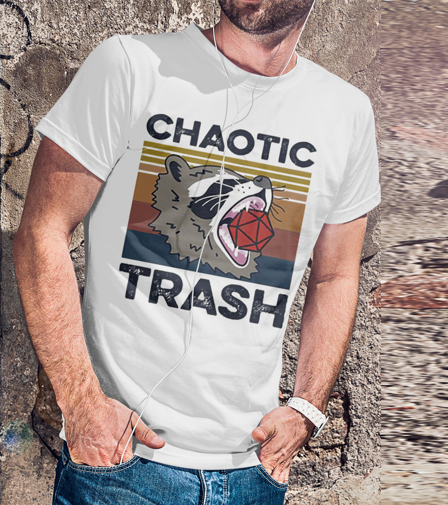 Chaotic Trash Game Raccoon D20 Dice Retro Stripes T-Shirt