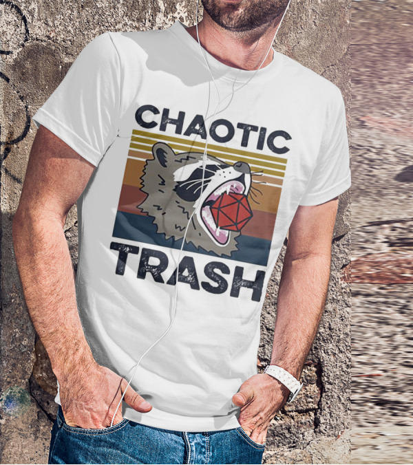 Chaotic Trash Game Raccoon D20 Dice Retro Stripes T-Shirt