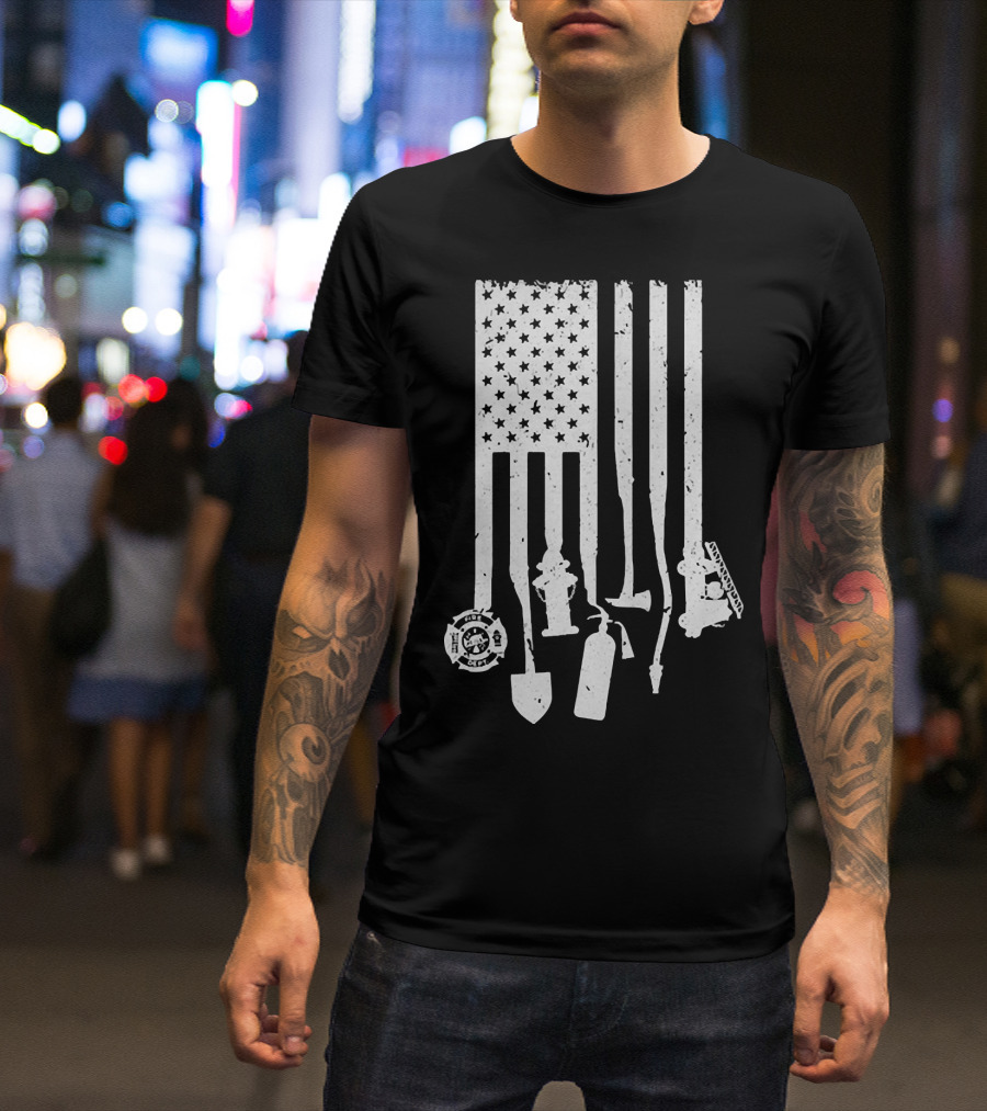 American Flag With Firefighter Tools And Veteran Badge Elements T-Shirt