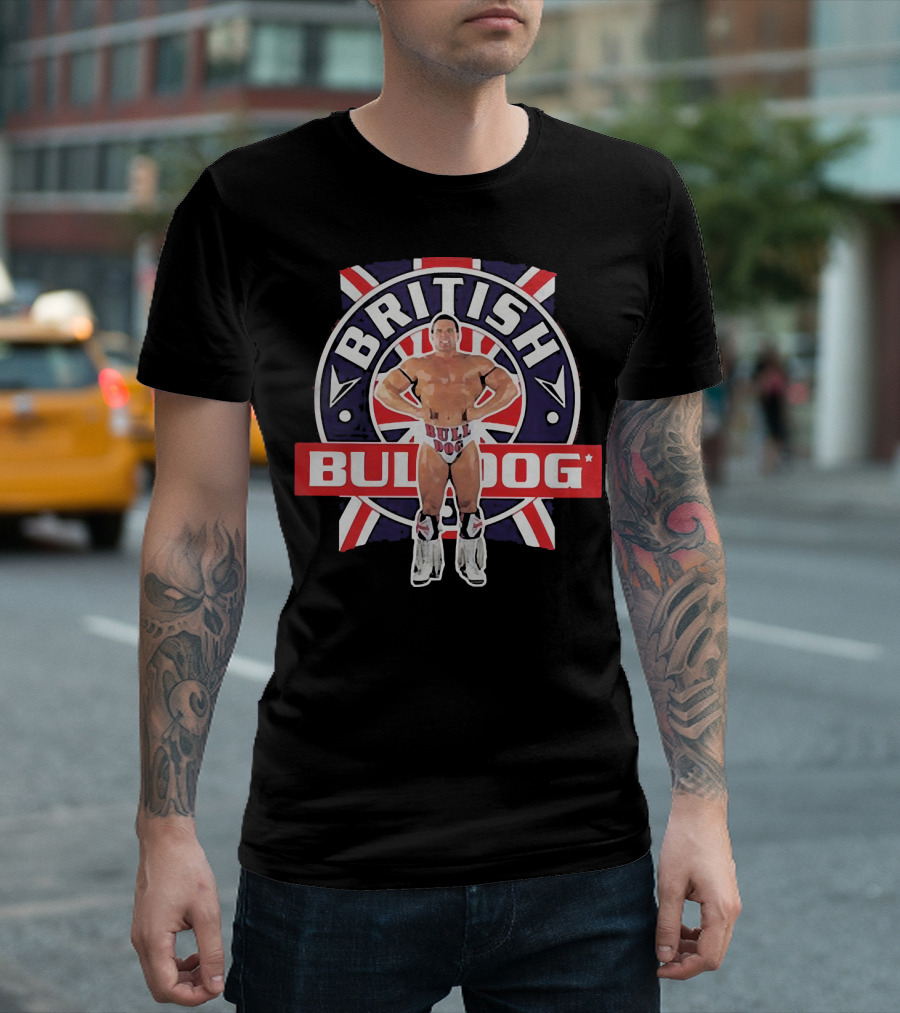 British Bulldog Wrestler with Union Jack Background T-Shirt