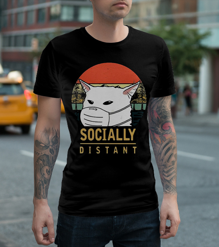 Socially Distant Cat White Masked Sunset T-Shirt