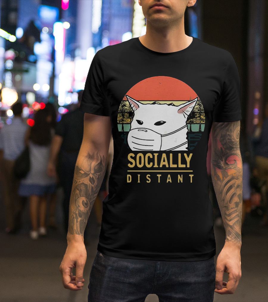Socially Distant Cat White Masked Sunset T-Shirt
