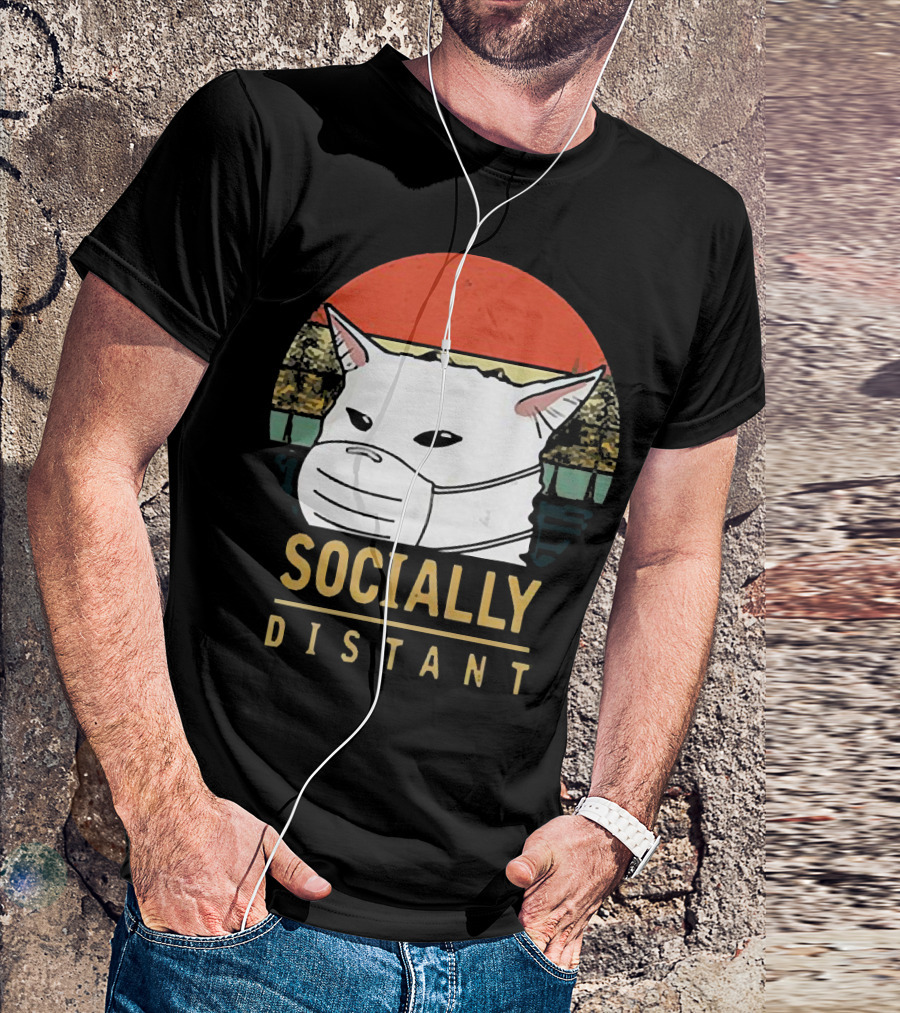 Socially Distant Cat White Masked Sunset T-Shirt