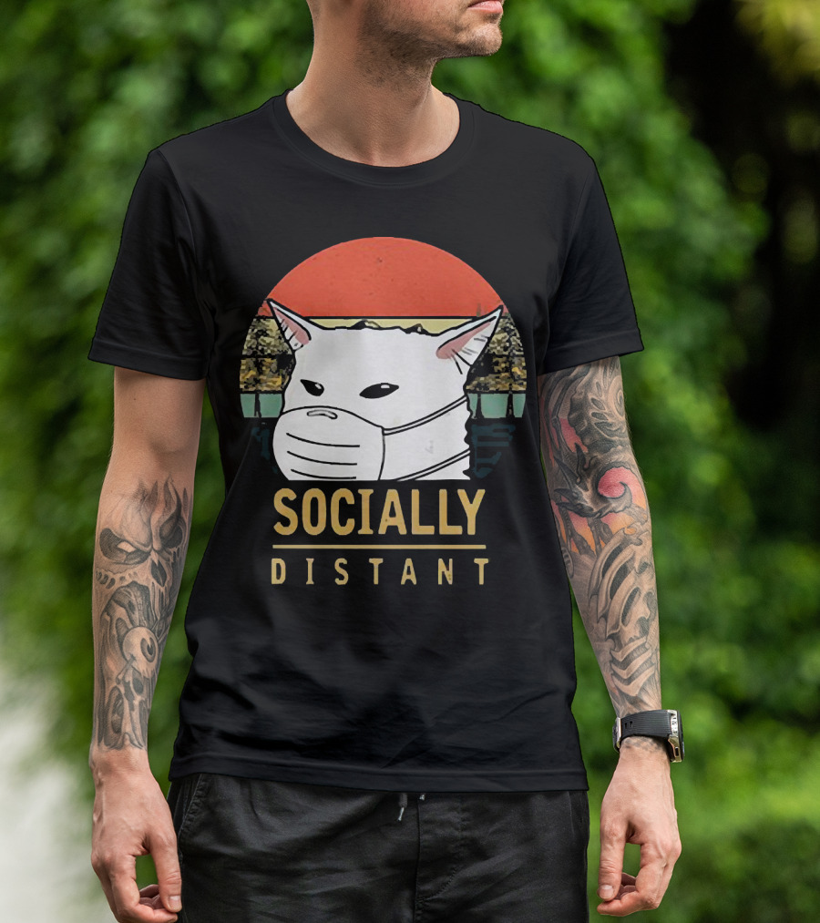 Socially Distant Cat White Masked Sunset T-Shirt