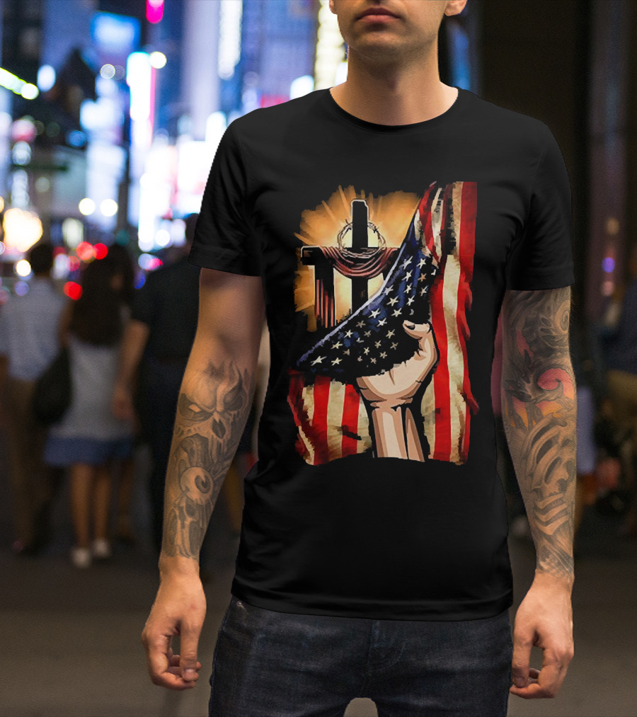 Jesus God American Flag Cross And Hand Inside Me T-Shirt