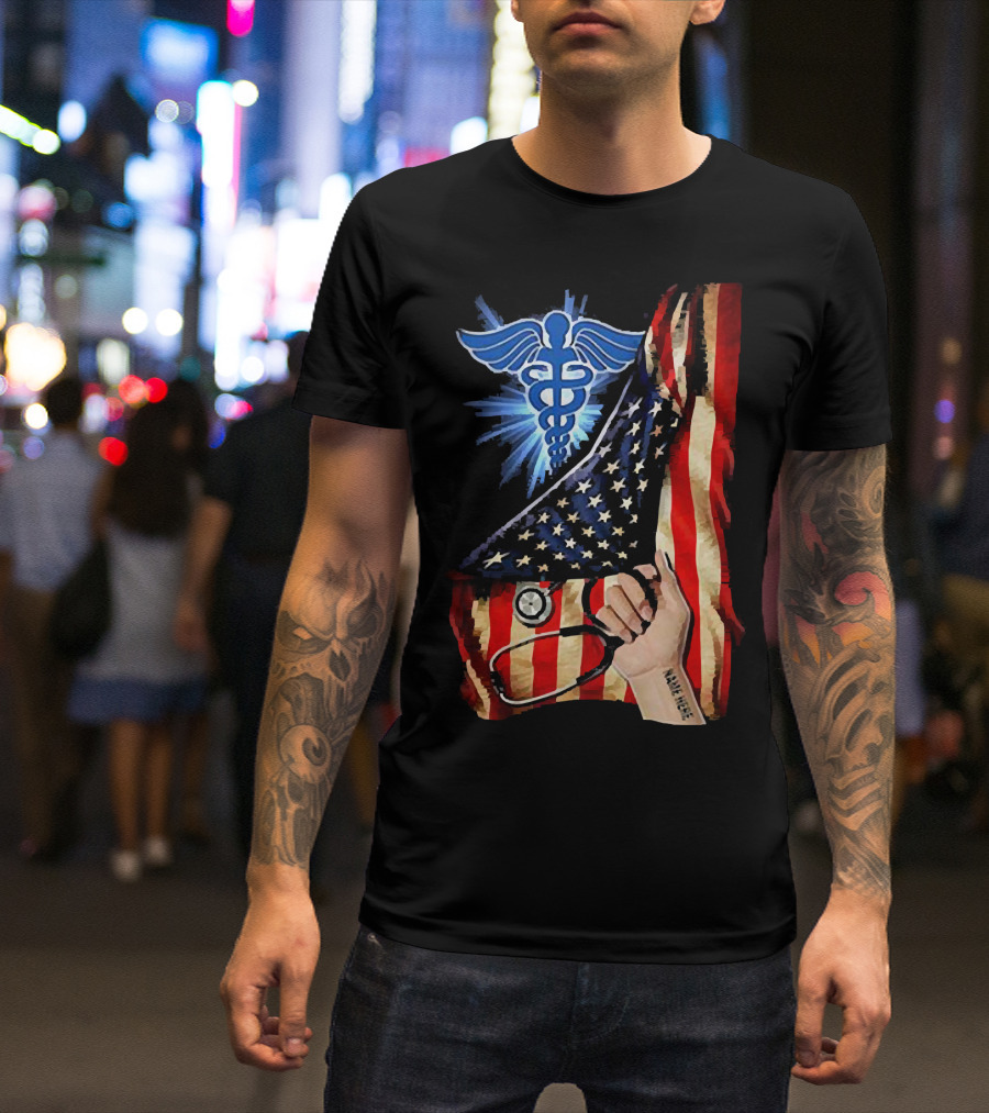 Nurse America Flag Caduceus Tattoo Stethoscope T-Shirt