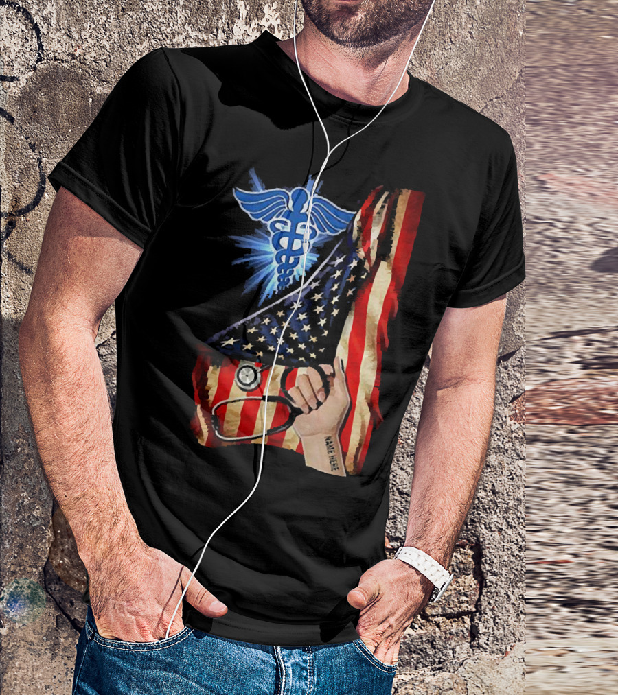 Nurse America Flag Caduceus Tattoo Stethoscope T-Shirt