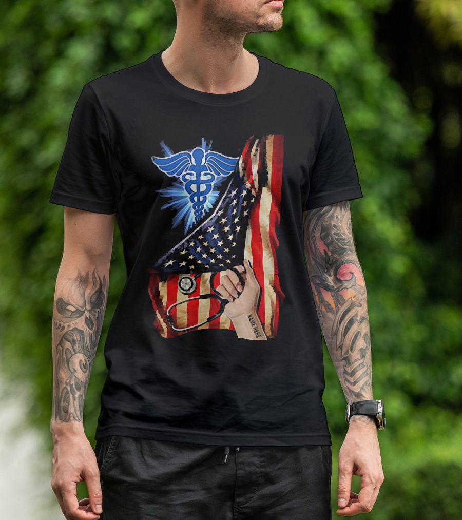 Nurse America Flag Caduceus Tattoo Stethoscope T-Shirt