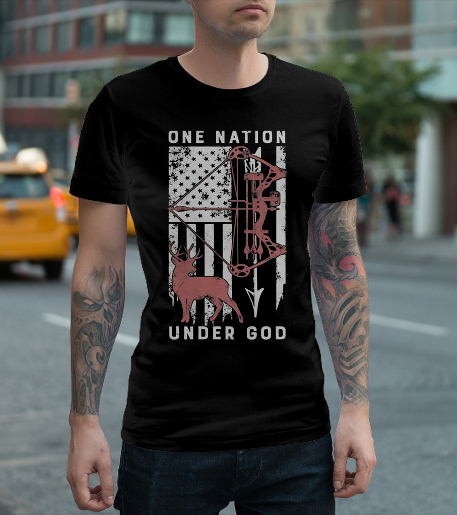 One Nation Under God American Flag Bow Hunter Veteran T-Shirt