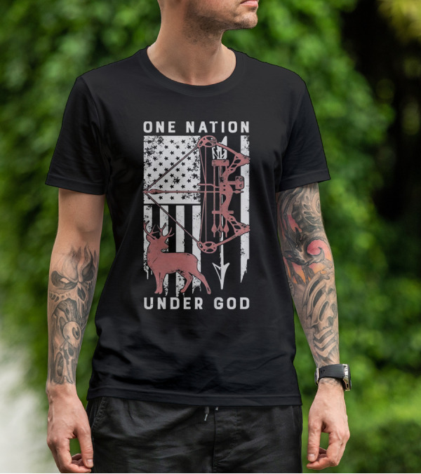 One Nation Under God American Flag Bow Hunter Veteran T-Shirt